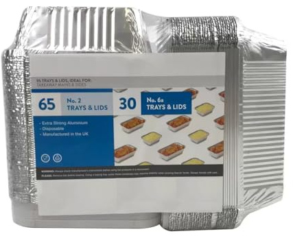 ReadySteadyServe Pack of 95 Aluminium Foil Trays with lids | 65 No.2 + 30 No.6a | Food Containers | Disposable Takeout Pans | for Meal Prep, Batch Cooking 20.5 x 11 x 5.5 cm and 14.5 x 12 x 4.5cm