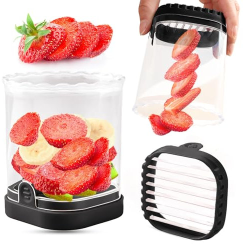Fruit Cutting Cup, Strawberry Cutter, Banana Cutter, Grape Cutter, Egg Slicer, Removable Blades, Fruit Cutter with Pressure Plate, Creative Kitchen Tool (Black)