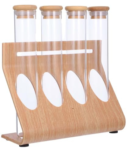 PartyKindom Glass Bottle: Coffee Beans Display Rack Test Tube Coffee Beans Sealed Storage Container 4 Clear Bottles with Wooden Shelf, 5 PCS