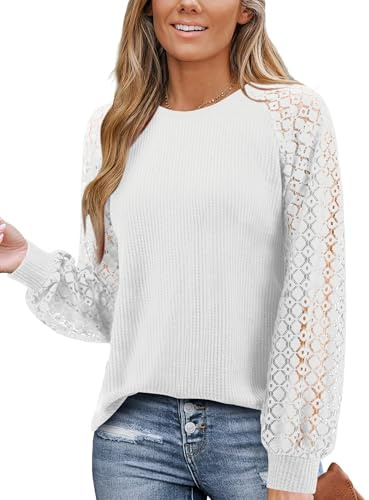 Amoretu Spitzen Oberteile Damen Langarmshirt Waffel Elegante Spitzenbluse Long Sleeve Tshirt Weiß XL