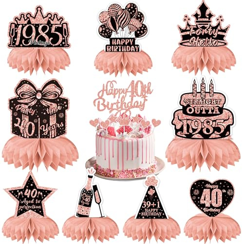 40th Birthday Table Decorations for Women - Rose Gold Party Honeycomb Centerpieces Cake Toppers Supplies, 17 Pieces Cheers to 40 Years Vintage 1985 Decor Happy 40th Birthday