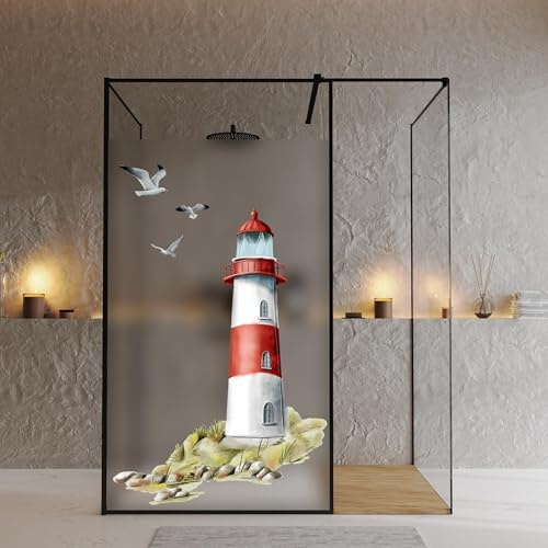 Wandtattoo Loft Sichtschutzfolie Duschkabine Leuchtturm rot weiß Motiv, Klebefolie für Duschglastüren, Duschwand Folie Wasserfest, Klebefolie für Duschkabine