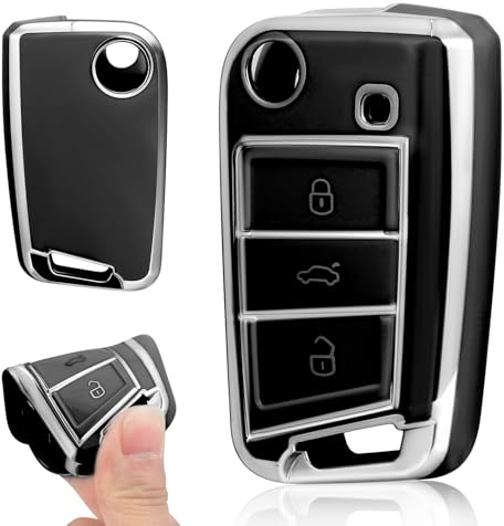 Autoschlüssel Hülle Kompatibel mit VW Golf 7 Polo MK7 Skoda Octavia T1guan A7 Seat Schlüsselhülle Schwarz Silikon Schlüssel Cover Schutz Schlüsselschutz Schlüsselcover mit Schlüsselanhänger (dunkel)