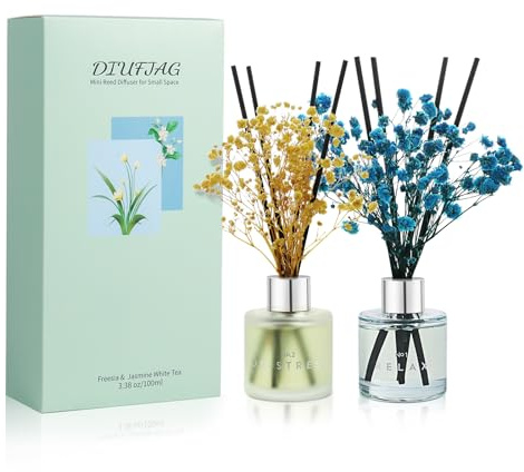 DIUFJAG Diffusore Profumo Ambiente - Freesia/Gelsomino,Profumatore per Ambienti con 16 Bastoncini Fiori Secchi per Bagno,Appartamento 2 x 50ml