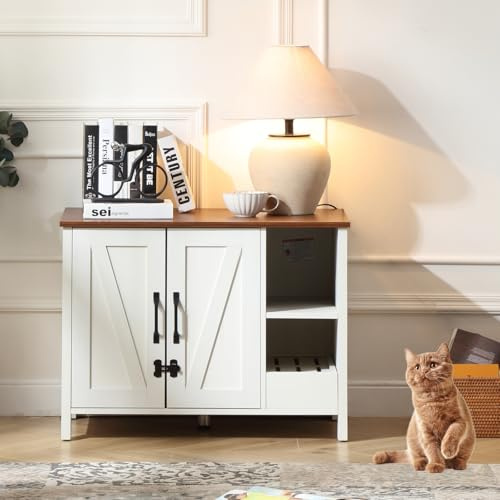 FOREST GRAVITY Cat Cabinet Litter Box Small Armadietto per gatti Lettiera Piccoli mobili per gatti Lettiera Moderna 81 * 50 * 60 cm Casa per gatti con porta e divisorio separato Bianco Antico