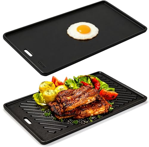 Gusseisen Grillplatte 45 x 24 cm für RÖSLE VIDERO G2 G3 G4 G6 (ab 2021), Universal Wendeplatte mit Glatter & Geriffelter Seite, Massive Plancha Grill Zubehör für Gasgrill, BBQ Ersatz 1 Stück