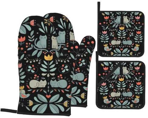 Set di 4 guanti da forno e presine di alta qualità con divertenti gatti, uccelli e fiori, per la massima sicurezza e praticità in cucina