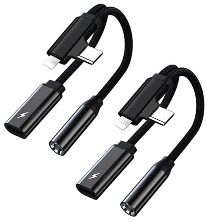 Apitiong Adaptateur USB C/Lightning Jack 3.5mm avec Charge Rapide PD, Prise Type C/Lightning vers AUX 2 en 1 pour écouteurs, USB C Jack Compatible avec iPhone 16 Pro Max, Ultra/S24/S24(2 pièce/Noir)