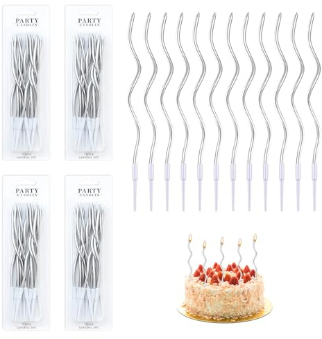 48 Candele Compleanno Argento, Candele Torta, Candela a Spirale Cupcake Candeline Lunghe Supporto Rimovibile con Superficie Metallica, Senza Fumo, Particolari per Compleanno Festa Matrimonio