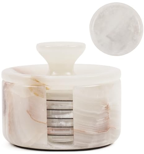 EARTHEN CRAFTS vit onyx Marmorunderlägg med Hållarlock för Dryck 3,5 Tums Stenunderlägg Set med 6, Perfekt för Uteplats, Vardagsrum och Köksinredning