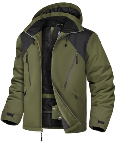GEMYSE Uomo Giacca da Sci Invernale Giubbotto da Neve Impermeabile con Cappuccio Isolata Antivento Parka con Gonna Antinev(Nero e Verde Militare,XL)