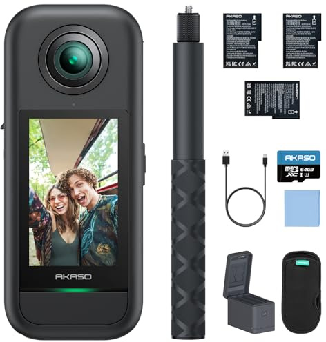 AKASO 360° Action Cam Creator-Set - 5.7K 72MP 360 Grad Actionkamera mit 64GB Speicherkarte Duale 1/2 48MP Sensoren, 2.29'' Touchscreen, Unsichtbarer Selfie Stick, 360° Horizon Lock und AI-Verfolgung