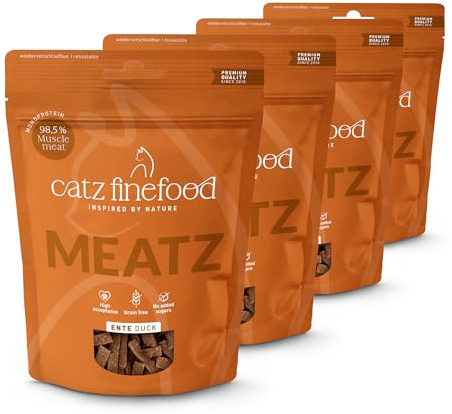 catz finefood Meatz katt godis anka nr. 7 – krispiga grillade remsor av ankkött – med aloe vera för tarmfloran – kattmellanmål utan socker, spannmålsfri (4 x 45 g)