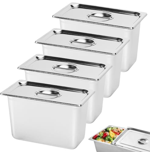 Gastro Behälter mit Deckel: 4er Set 0.8mm dick Elektrolytisch Edelstahl Gastronormbehälter Edelstahl, 176×108×100mm Stapelbares Panierschalen Set, Behälter mit Deckel, für Küche und Buffet