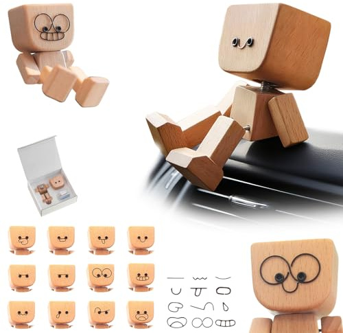 OKESYO Schüttelmann - Figurine de voiture en bois - Homme en bois vacillant avec 12 expressions - Charmante petite figurine en bois - Figurine de voiture - Pour ornement de bureau moderne et créatif