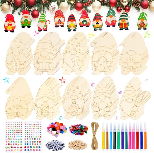 EUES 485pcs Holzanhänger Weihnachten zum Bemalen, Holz bastelset weihnachten kinder, Enthält Holzperlen, Glöckchen, weihnachten basteln für DIY Handgemälde, weihnachtsdekorationen (Weihnachtsmann)