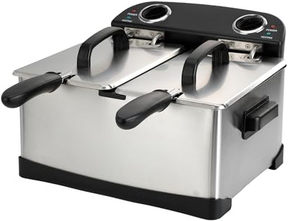 4 L / 4.2 Qt Stainless Steel Double Electric Deep Fryer 1800 W - 2 Drip-Hook Baskets - Dual Temperature Control - Vented Lids - Odor Filter by TheDisplayGuys