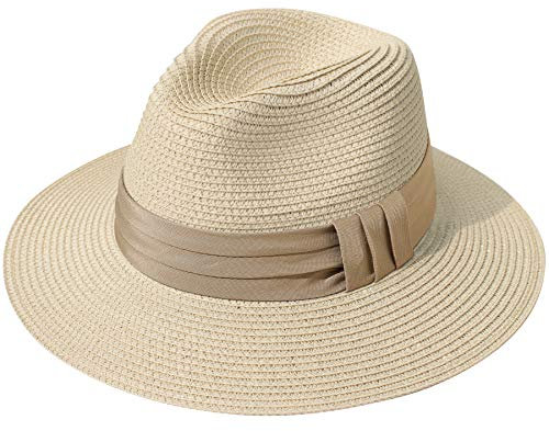 Lanzom Women Wide Brim Straw Panama Roll up Hat Fedora Beach Sun Hat UPF50+ (B-Khaki)