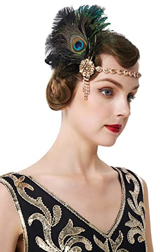 BABEYOND 1920s Feather Headpiece - Peacock Feather Crystal Headband for Great Gatsby Costume (Black)