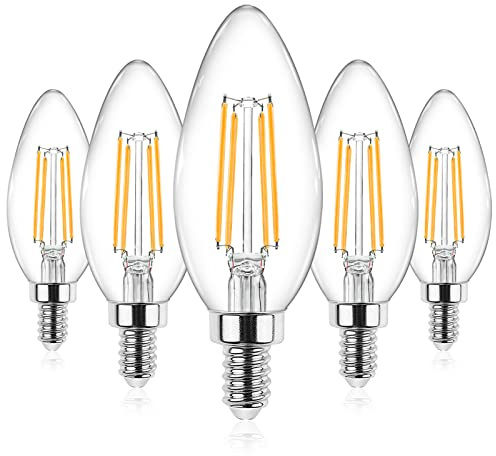 Ascher E12 Candelabra LED Light Bulbs 60 Watt Equivalent, Warm White 2700K, Non-Dimmable, 550 Lumen, Clear LED Filament Candle Bulbs, Pack of 5