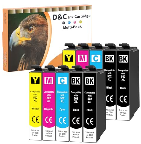 D&C 10 Druckerpatronen Kompatibel für Epson 502 XL für Epson Expression Home XP-5100 Series XP-5105 XP-5115 WorkForce WF-2800 Series WF-2860 D WF-2860 DWF WF-2865 DWF 4xSchwarz 2xCyan 2xMagenta 2xGelb