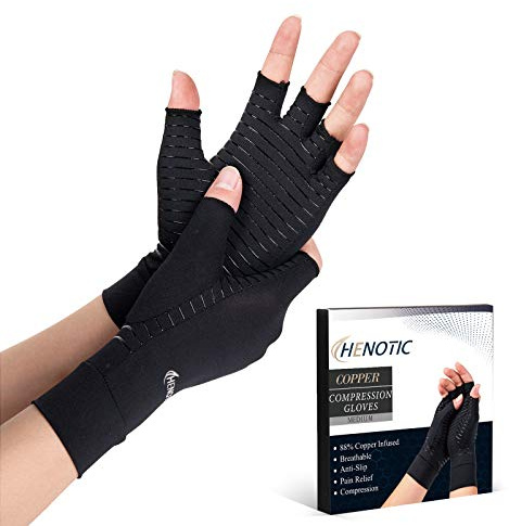 HENOTIC Copper Arthritis Gloves for Women Men, Fingerless Breathable & Moisture Wicking Arthritis Compression Gloves for Relieving Carpal Tunnel Aches, Rheumatoid Pains, Joint Swell