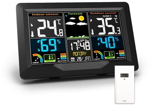 Qxmcov Weather Station Wireless with Outdoor Indoor Sensor, Digital Large LCD Screen Thermometer, Weather Station with Weather Forecast, Temperature, Humidity, Alarm Clock