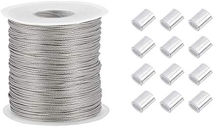 PH PandaHall 100m Filo Acciaio per Appendere Quadri 0.8mm Filo in Acciaio Inox Cavo Intrecciato con 30pz Manicotto a Crimpare per Cornice per Foto Lamp Tende Giardino