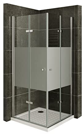 Mampara de Ducha Emma 80x90x190cm, NO REVERSIBLE, Puertas Plegables, Ajuste 78.5-80.5x88.5-90.5cm, Perfiles Cromo, Cristal Templado Parcialmente Satinado 6mm