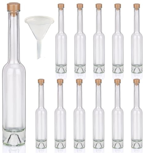 Geniess-Bar! Flaschen Set 12x 100ml hochwertige Glasflaschen leer mit Korken, Kapseln & 1 Trichter zum selbst Befüllen Whiskyflaschen Ginflaschen Likörflaschen Schnapsflaschen
