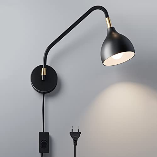 Wandleuchte Vintage Innen Mit Schalter, Wandlampe Retro E27 Mit Kabel Für Steckdose 180° Drehbar Schwarzes Metall Langer Arm Wandbeleuchtung Schlafzimmer Nachttischlampe Verstellbare Wandleselampen