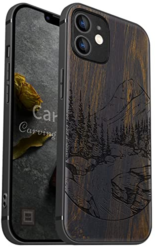 Carveit Holz Hülle für iPhone 12, Dunklesholz-Naturlandschaft | Cover kompatibel MagSafe [Holz und TPU Silikon Hybrid Hull] Magnetisch Case für iPhone 12 Handyhülle