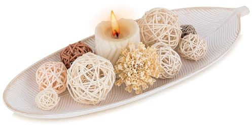 Hanobe Bandeja decorativa de madera con forma de hoja: bandeja de madera con forma de hoja, cuenco decorativo para velas de cristal