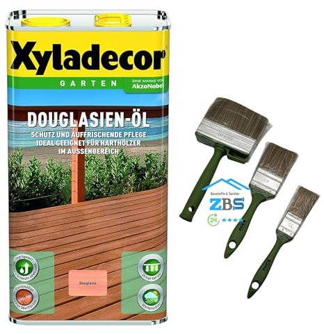zbs24 Xyladecor Douglasien Öl 2,5 Liter, für Terrassendielen und Möbel, exellenter Wetter-und UV-Schutz, Schützt und Pflegt Hölzer im Aussenbereich inkl. 3 teiligem Pinselset
