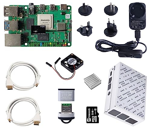 sb components ROCK 4 Model C+ Kit de démarrage 4 Go avec bloc d'alimentation, étui, carte microSD préchargée, dissipateur thermique et ventilateur, kit d'ordinateur à carte unique Rock 4C+ (RecalBox