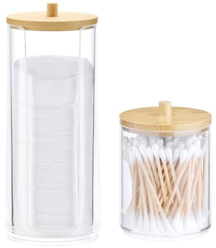 Navaris 2x Aufbewahrung für Wattestäbchen stapelbar - Badezimmer Organizer - Behälter für Wattepads - Bad Spender Halter Box - 2 Stück im Set - Bambus Kunststoff
