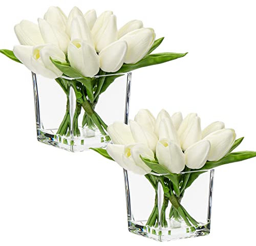 Oairse Set of 2 Artificial Flower in Vase 14pcs Mini Real Touch Fake Tulips Flower in Cube Glass Vase with Faux Water White Faux Tulip Bouquet for Home Wedding Table Centerpiece Decoration