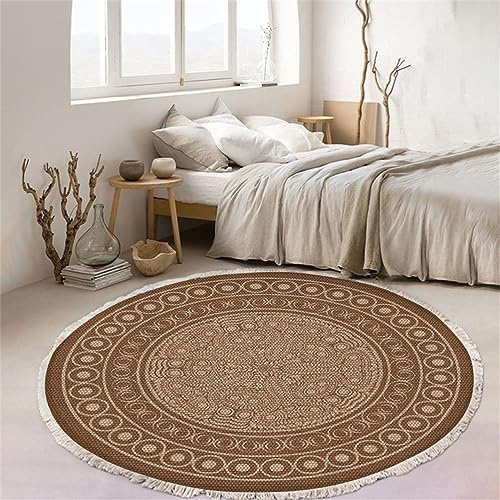 Tomifine Tapis Rond en Tissé Coton, Tapis Bohème Mandala avec Franges, Tapis Salon Chambre Antiderapant (80 cm,Brun)