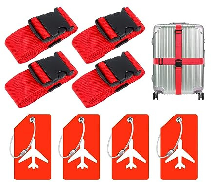 Hitopin 4PCS Koffergurt+ 4PCS Gepäckanhänger, Kofferband Gurt, Einstellbare Kofferbänder, Gurt Gepäckgurt, Luggage Strap für Koffer, Geeignet für Reisen, Tourismus und Ausflüge (Rot)