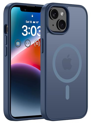 ORDA Magnetisch Hülle für iPhone 14, Dunkel Blau | Kompatibel mit MagSafe, Matt Handyhülle, Durchscheinend Rückseite, Stoßfest Kratzfeste Schutzhülle