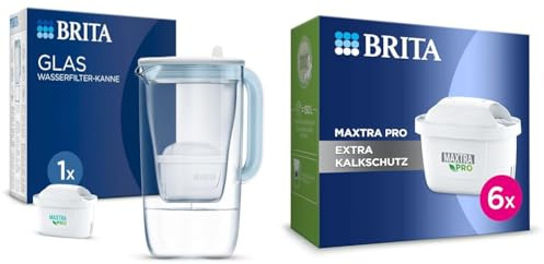 BRITA Glas Wasserfilter-Kanne Hellblau (2,5l) & Wasserfilter-Kartusche MAXTRA PRO Extra Kalkschutz – 6er Pack