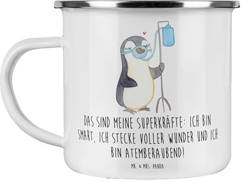 Mr. & Mrs. Panda Camping Emaille Tasse Pinguin Sauerstoff - Geschenk, Blechtasse, Edelstahl Trinkbecher, Blechtasse Outdoor, Sauerstofftherapie,