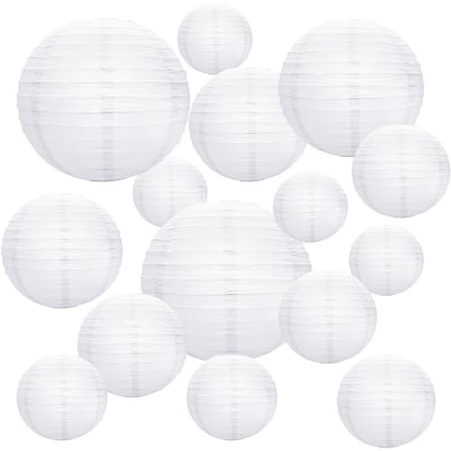 16 PCS White Round Paper Lanterns, Chinese Round Lanterns Hanging Decorations Different Sized Lampshades Size 4 6 81012 Paper Lanterns for Weddings Party Garden Birthday Family Gathering Patios