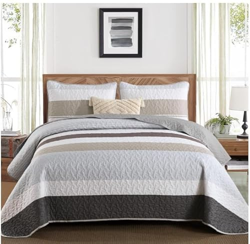 WONGS BEDDING Tagesdecke 220x240 mit 2 Kissenbezüge 50x75 Set | Gesteppte Bettdecke aus Mikrofaser, Leichter Bettüberwurf für Doppelbett, Ganzjahres Tagesdecke Grau für Schlafzimmer Sofa