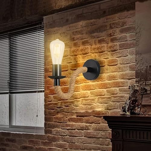 YLTLINK Moderne Wandlampe Schwarz mit Seil - Vintage Wandleuchte E27 Retro Flur Lampe Wand 、Treppenhaus Beleuchtung、 Flurlicht
