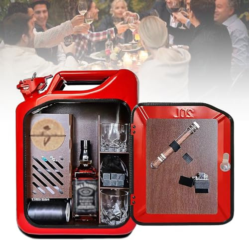 Jerry Can Kreativer Weinschrank, Whiskey-Ausstellungsbar, Abschließbare Tragbare Aufbewahrungsbox, Eisenschale + Massivholz-Interieur, überraschungsgeschenk Für Männer/Jungen,Red