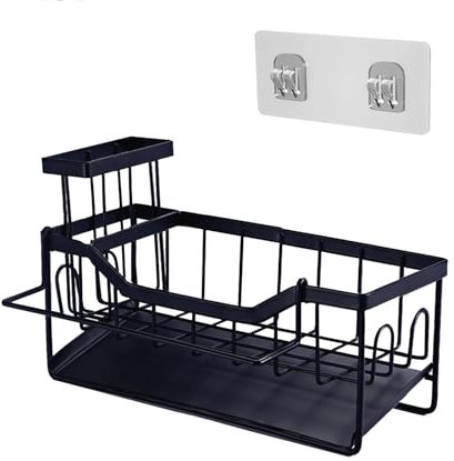 Spülbecken Organizer Schwarz, Küchen Sink Caddy Organizer, Küchenorganisator, Hängendes Waschbeckenregal Lagerung, Kein Bohren Erforderlich, 1 Selbstklebender Haken, Geeignet für Küche und Bad