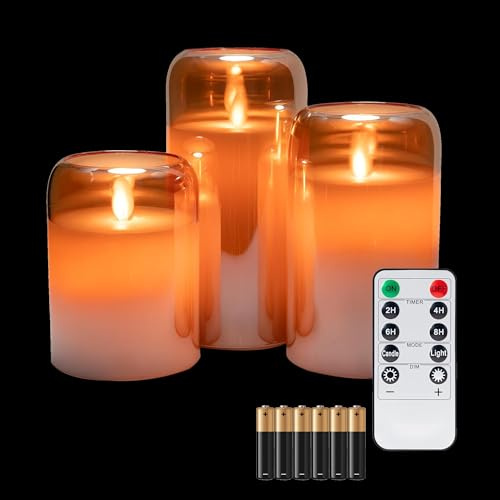 West Ivory Round Hurricane LED Candles with Mirrored Glass, Realistic Wick Flickering Flame, Real Wax Pillars, Battery Operated (Included), Remote & Timer (Set of 3, Gold Tinted Metallic)