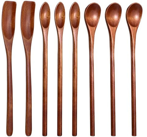 8 Stück Honiglöffel Holz Retro Holzlöffel Nanmu Suppenlöffel 20cm Lange Griff Holzlöffel Natürliches Kaffeelöffel Honigrühr Löffeln Kochen Wooden Spoon für Kaffee Tee Honig Heiße Schokolade