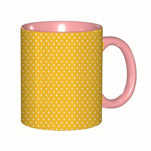 EKLMPS Becher aus Keramik, Ideal als Geschenk, Hochwertiger Aufdruck, Tasse mit Motiv, Tee Becher, Coffee Cup, 330ml,Gelber Hintergrund mit vielen weißen Tupfen gefüllt